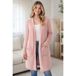 Chelsea & Theodore Blush Eyelash Knit Cardigan Women's L Longline Cozy Open Fron